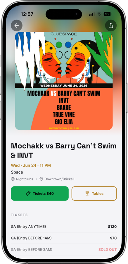 Poppin app — event detail with tickets